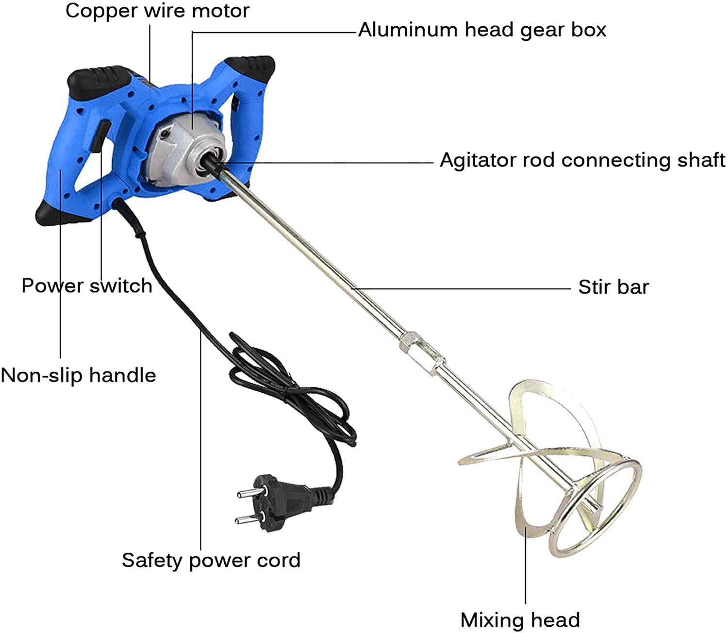 Agitatore per malta 2600 W, regolazione a 6 marce, miscelatore a spirale M14, agitatore per malta Ø 120 mm, agitatore manuale per rivestimento, gesso, miscelatore per cemento