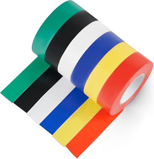 Multi Coloured Electrical Tape 6 Pcs  19 mm x 20 m Vinyl PVC Insulation Tape Electrical, Strong Adhesive, Waterproof Electric Tape for Masking, Insulating and Repairing Broken Wires, DIY Projects