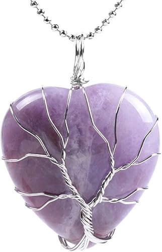 Collar con colgante de piedra natural de cuarzo rosa amatista en forma de corazón con forma de árbol de la vida, collar de cadena de cuentas de