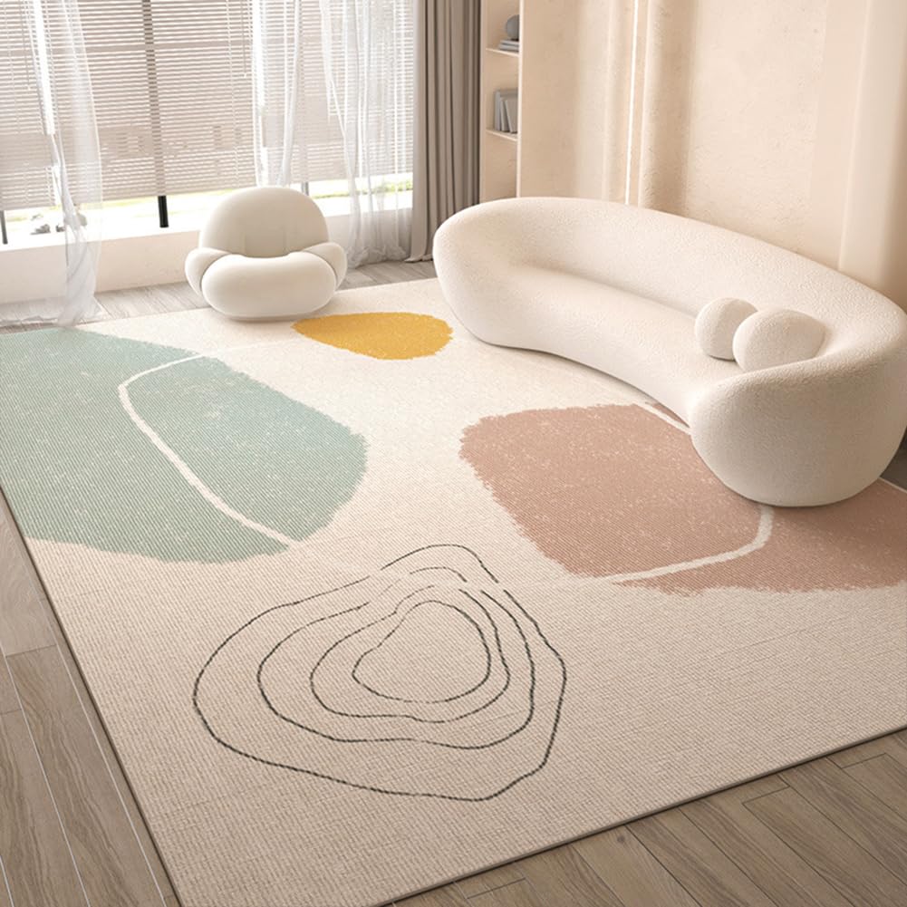 Tapis salon poils ras doux grand tapis géométrique crème pour chambre