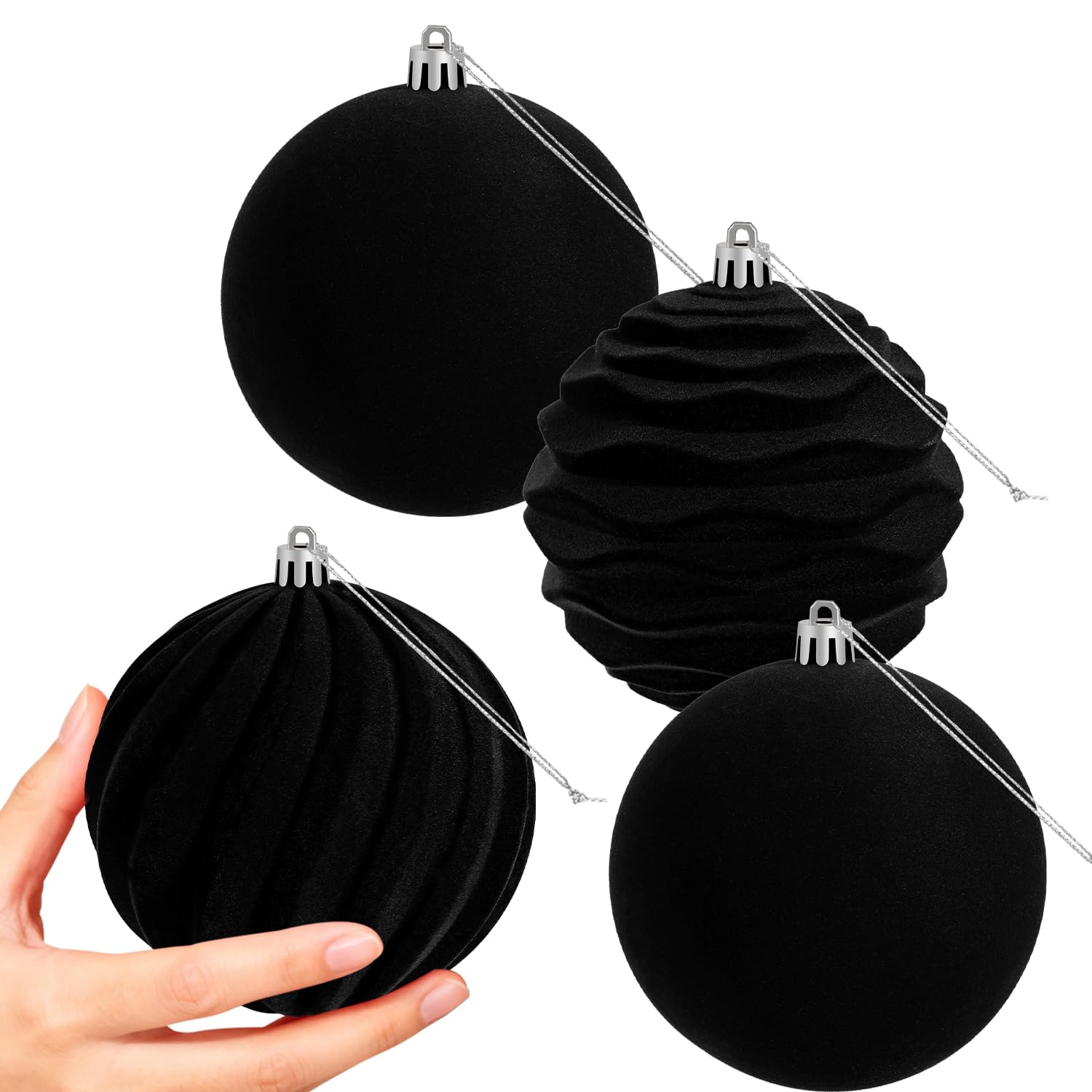 Miaikoe 4 PCS Large Velvet Christmas Balls Ornaments Shatterproof Hanging Set Flocked for Xmas Tree Holiday Party Decorations (Black,10 CM) — image 1