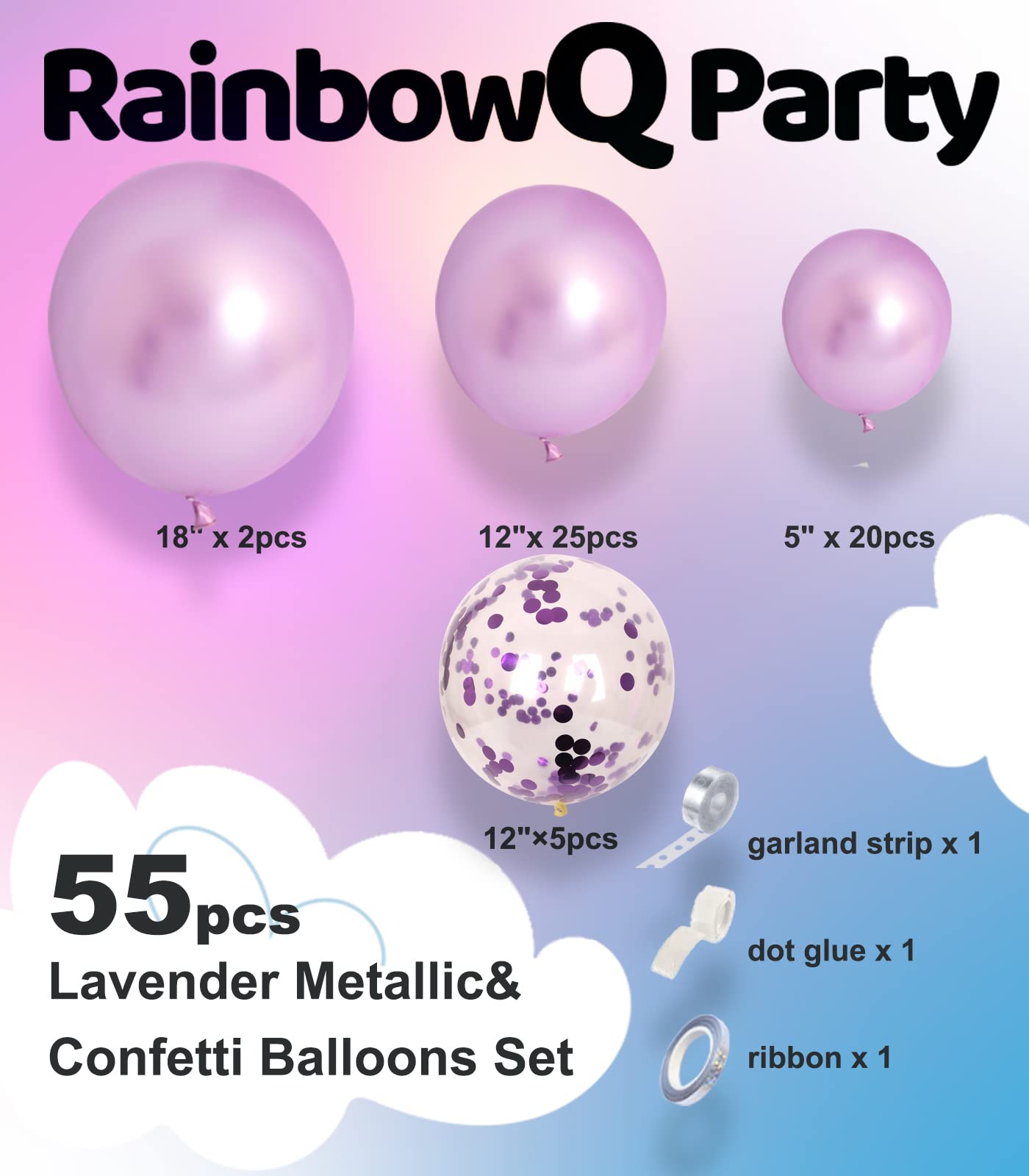 Condition photo showing New/Like New for RainbowQ Party 55PCS Metallic Lavender Balloons Different Sizes 18/12/5 Inch and Light Purple Confetti Balloons Shiny Latex Helium Balloons Set for Anniversary Graduation Wedding Birthday Party Decorations
