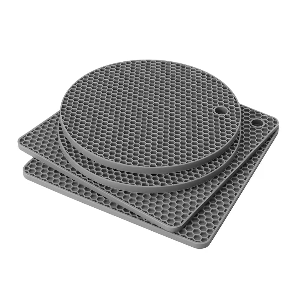 Trivets for Hot Dishes, Silicone Tivets (4, 4 Pack Gray Square 7.2" x 7.2" x .25")