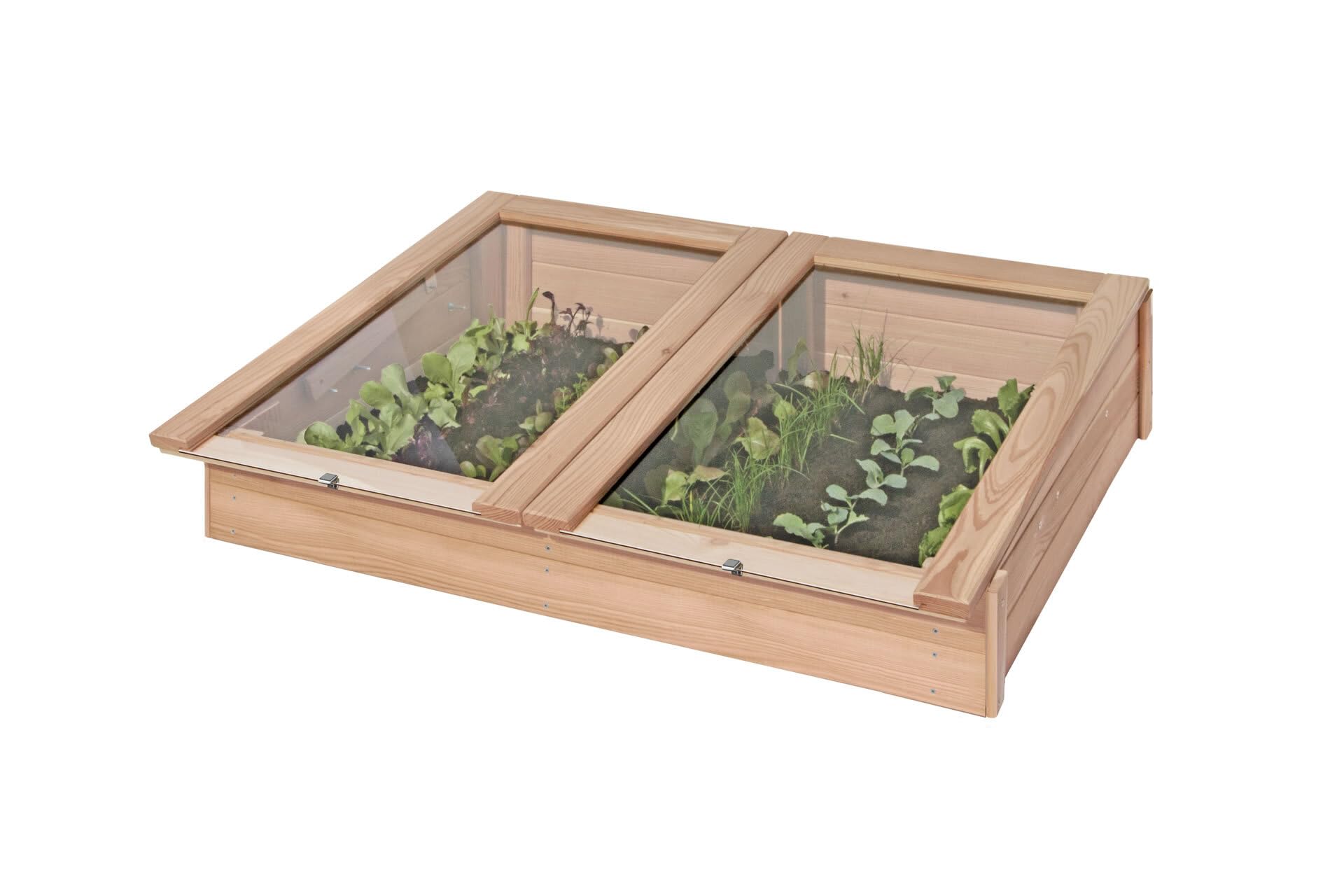 Mega Holz Frühbeet Gewächshaus Aufsatz aus Lärche 119x80x21 cm - Hochbeet-Aufsatz aus Holz mit Abdeckung - Treibhaus für Garten, Obst, Gemüse & Kräuter, witterungsbeständig, pflegeleicht & natürlich