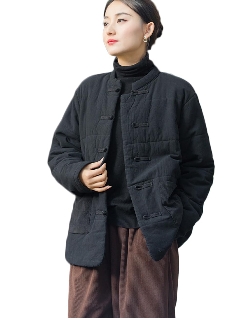 NFYM Manteaux chinois rembourrés en coton pour femme, grenouille boutonnée, veste d'hiver matelassée avec poches