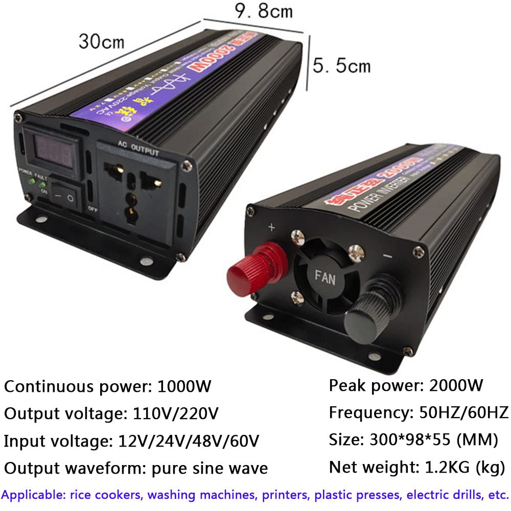 1000W 2000W 3000W 4000W 5000W 6000W 8000W Onda Sinusoidale Pura Power Inverter DC 12V 24V 48V 60V in AC 220V 230V Trasformatore di Potenza Convertitore con Display LED e Prese AC,2000W-12Vto220V