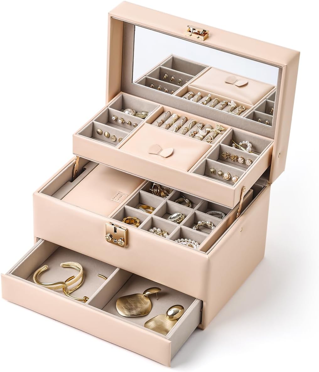 CASEGRACE Jewelry Organizer Box,3 Layers Leather Jewelry Storage Case with Portable Jewelry Case, Removable Jewelry Tray, Home and Travels Storage,Gift for Women (white)
