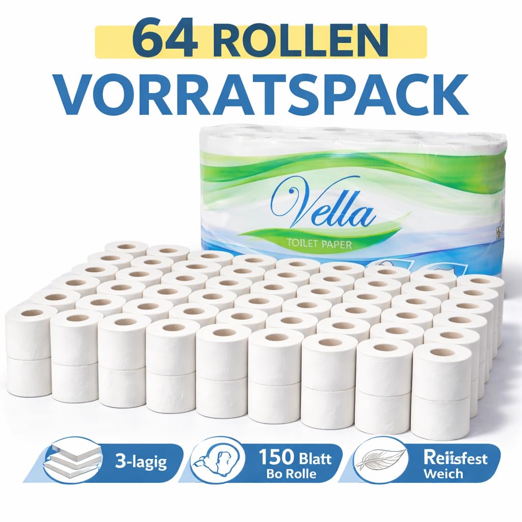 Vella Toilettenpapier 64 Rollen, 3-lagig, weiß, Zellstoff, (8 Rollen, 8-er Pack), 150 Blatt pro Rolle