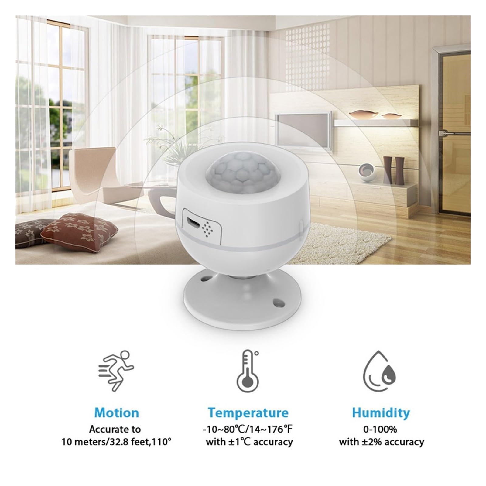 Sistema de Alarma de Seguridad para el hogar, Sensor De Movimiento Mini Detector Infrarrojo Cuerpo Humano Alarma con Detección Temperatura Y Humedad(2PCS)