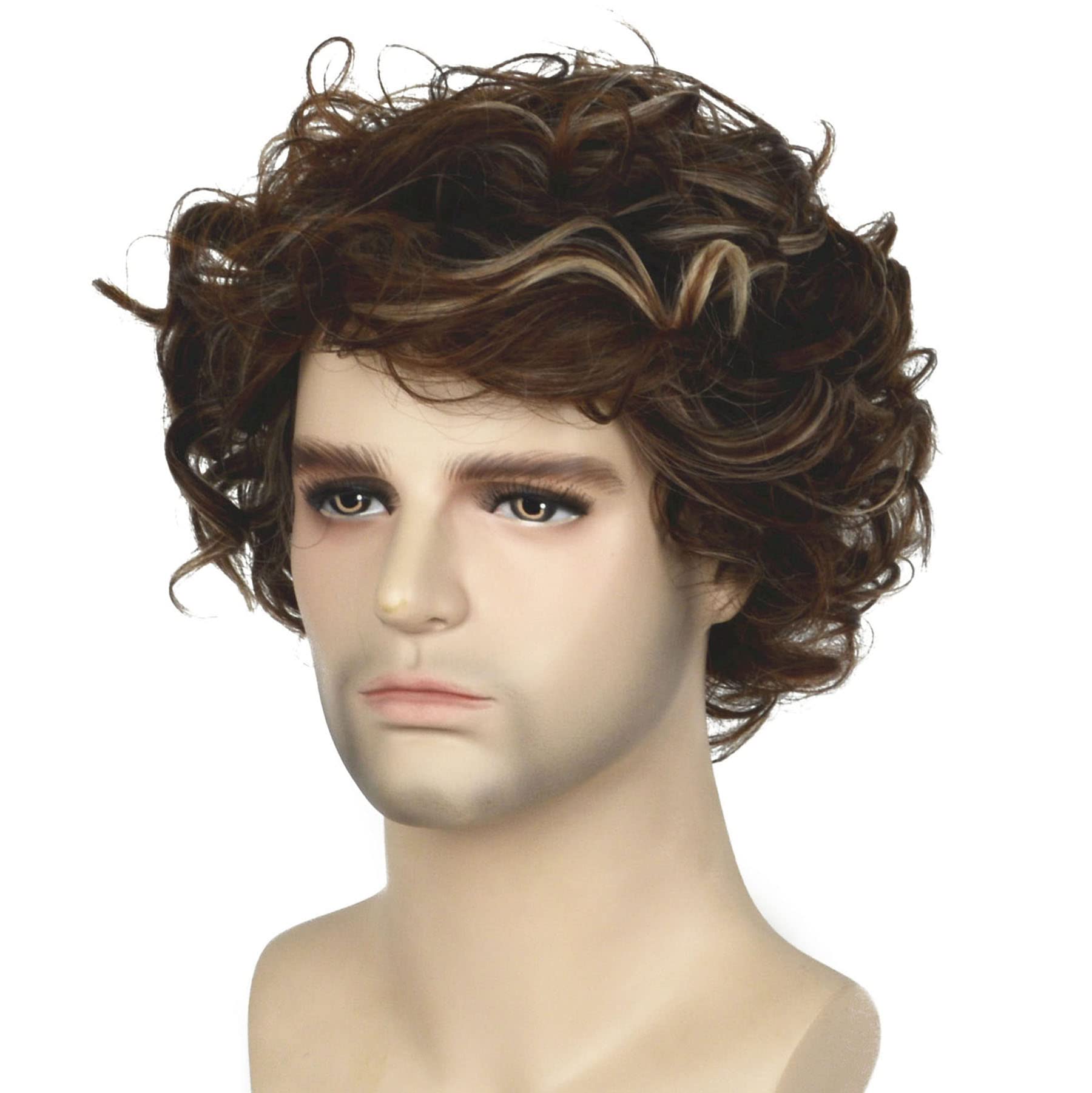 Lydell 10" Men Wig Medium Long Curly Wavy Natural Hair Heat Resistant Synthetic Daily Cosplay Halloween (Brown Auburn Mix with Blonde Highlights) - Image 3