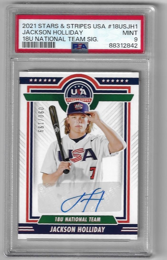 Jackson Holliday Autographed & Serial Numbered #090/199 PSA 9 Mint Graded Stars & Stroies 18U National Team Signatures Collectible Baseball Card - 2021 Panini Stars & Stripes USA Baseball Card #18US-JH1 (Orioles)