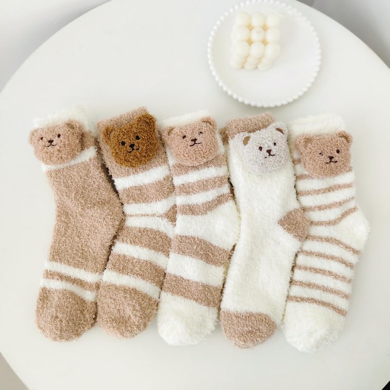Image of 5 Pairs Fuzzy Socks for Women, Winter Thickening Coral Velvet Cozy Socks, Warm Home Sleeping Socks, Cute Animal Slipper Socks