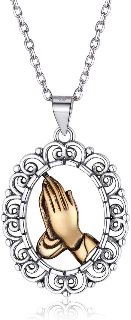 Vintage Praying Hands Necklace for Women Men Unisex 925 Sterling Silver & Metal Brass Serenity Jewelry