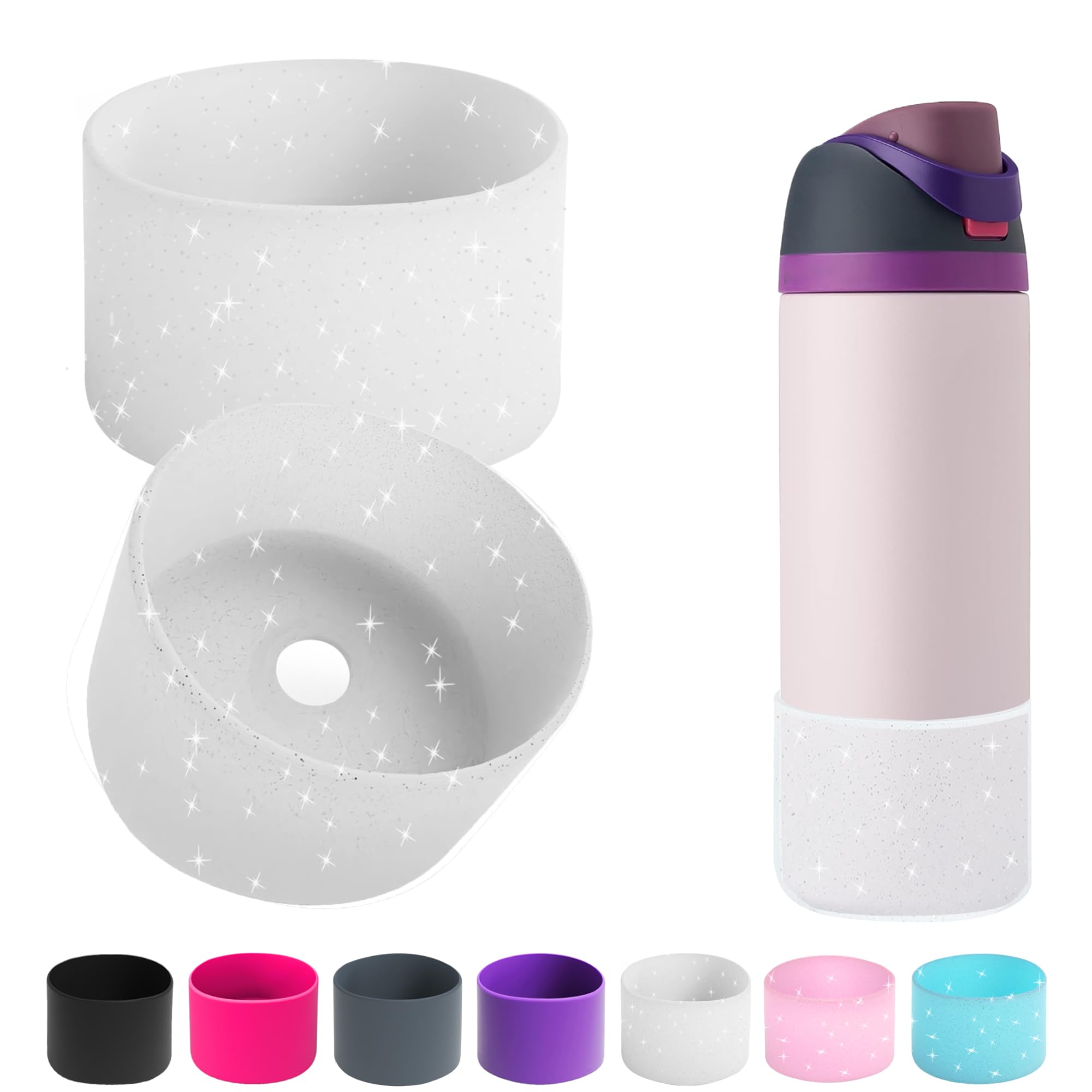 2PCS Silicone Water Bottle Boot for Owala 14/16oz 24oz 32oz 40oz,Anti-Slip Protective Sleeve Bottom Bumper Protector for FreeSip, Twist, and Flip Water Bottles (Clear Glitter White, 24oz)