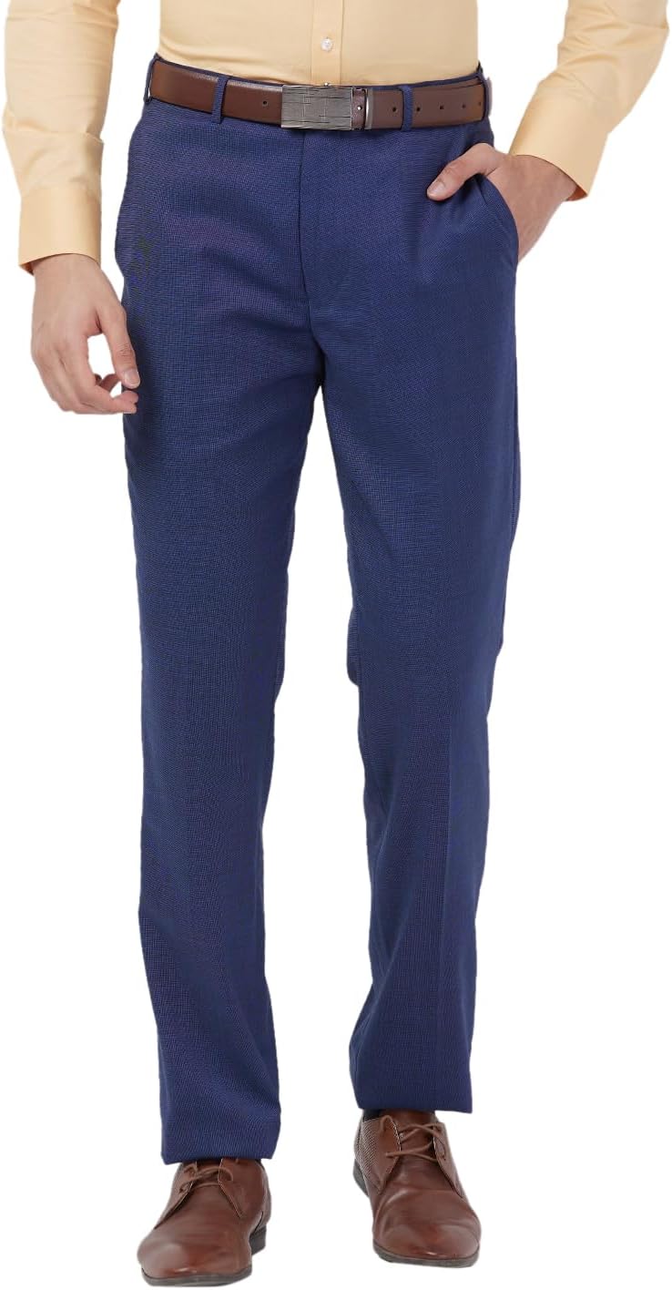 Men Luxus Fit Solid Pattern Poly Wool Blend Flat Front Formal Trouser Blue