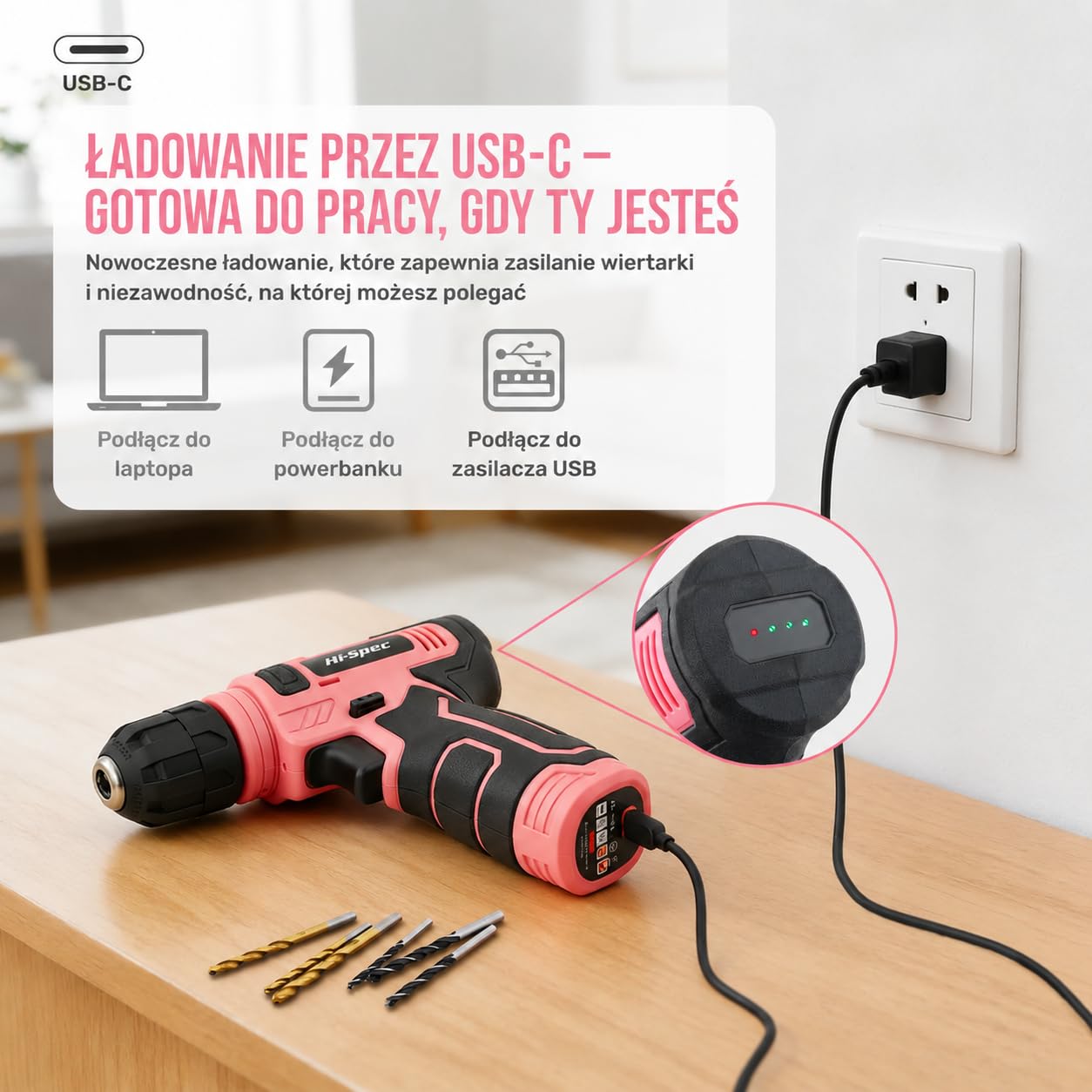 Hi-Spec Różowa Wiertarko-Wkrętarka Akumulatorowa 8V USB z Zestawem Bitów – Bezprzewodowy Elektrowkrętak dla Kobiet z Zestawem do Montażu Ściennego