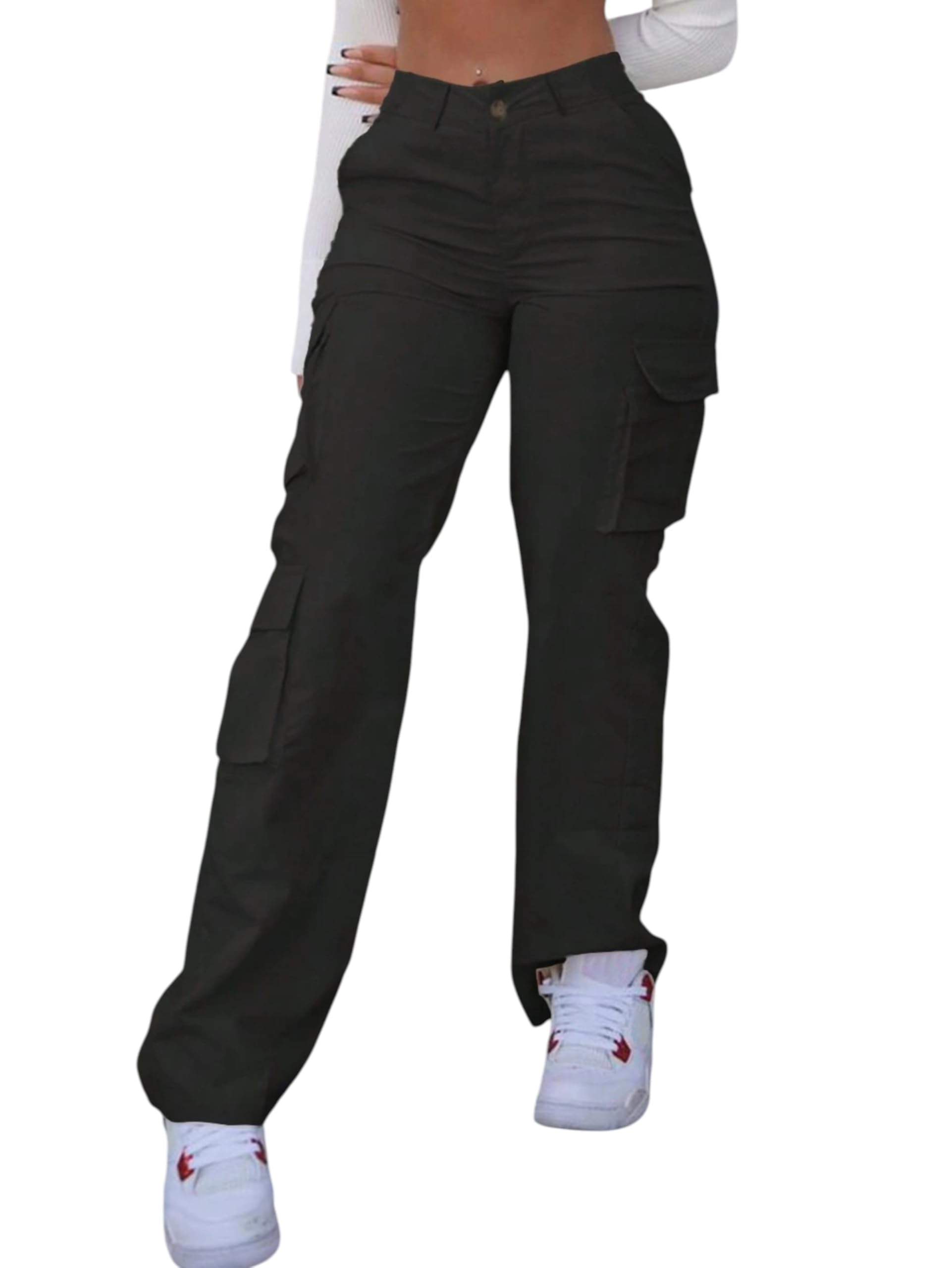 Womens High Waisted Cargo Pants Lightweight Straight Leg Trousers with Pockets Casual Low-Stretch Pants for Women