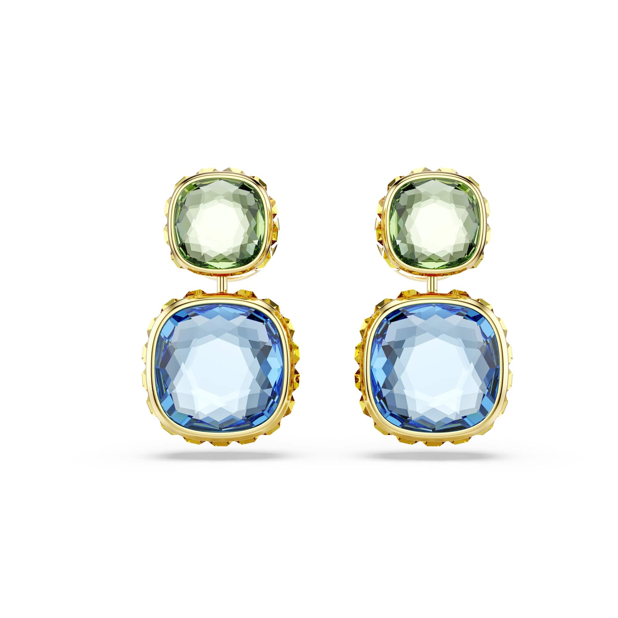 Swarovski Chroma Drop Earrings, Multicoloured Cushion-Cut Crystals in a Gold-Tone Finished Setting, Part of the Swarovski Chroma Collection