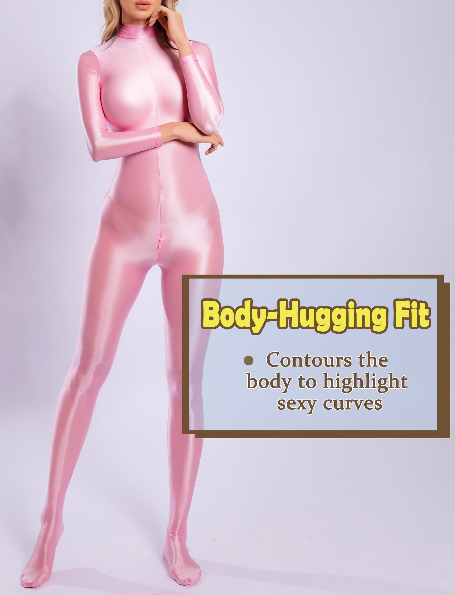 Women’s Shiny Bodysuit Glossy Sheer Long Sleeve Jumpsuit Costume Cosplay Long Sleeve Catsuit Romper Outfit for Club Party Pink - Image 3