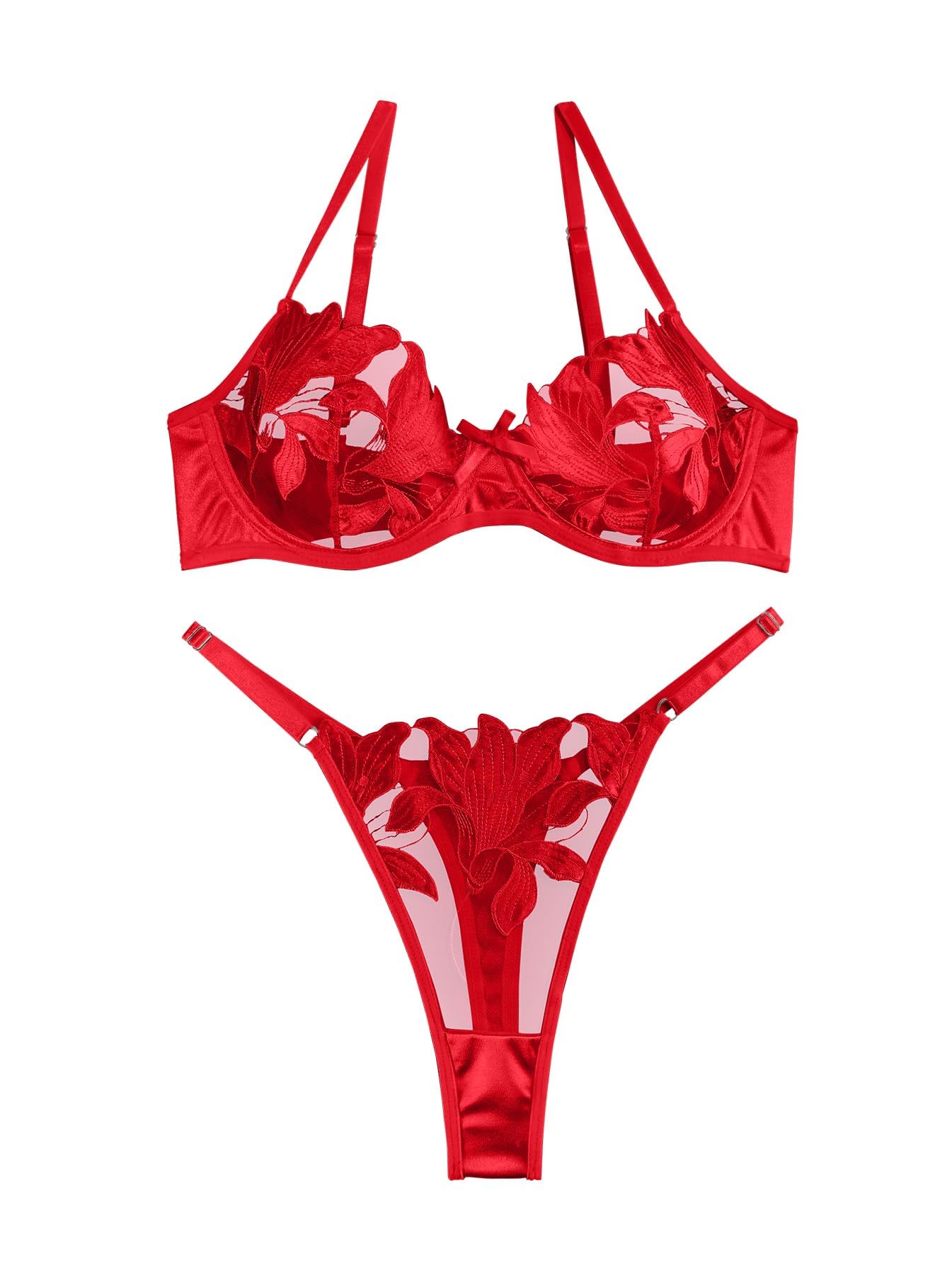 Photo 1 of Lilosy Petite Sexy Satin Mesh Floral Sheer Embroidered Underwire Lingerie Set 2 Piece Women Push Up See Through Matching Bra Panty Red 2X-Small