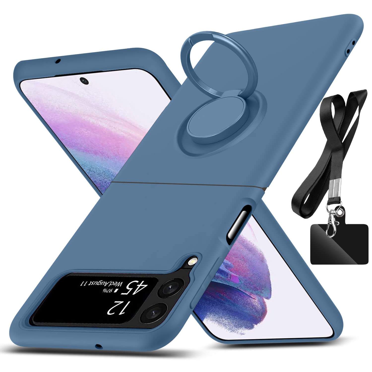 AYSZNBLA for Samsung Galaxy Z Flip 4 Case, with 360°Rotatable Ring Holder Kickstand & Strap Lanyard Premium Liquid Silicone Slim Protective Case for