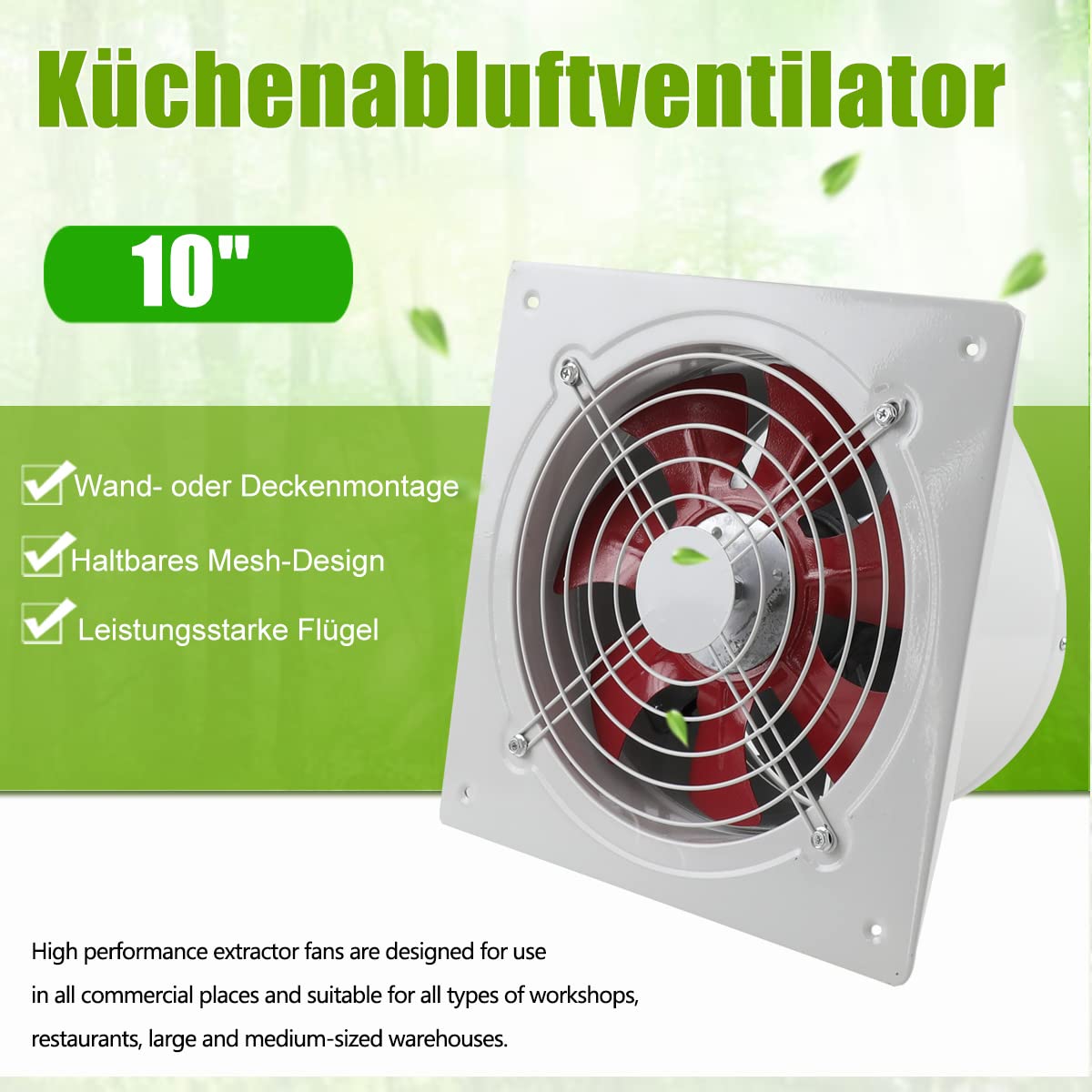 ECUTEE Ventilador Axial 200mm 80W 1250m³/h – Extractor Potente Para Pared O Techo En Cocinas, Baños Y Talleres