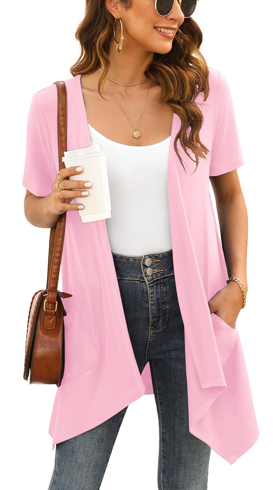 Women's Plus Size Lightweight Summer Pink Bolero Cardigan Short Sleeve Open Front Cover Up Jacket with Pockets Casual Drape Shrug Top High Low Hem,2XL