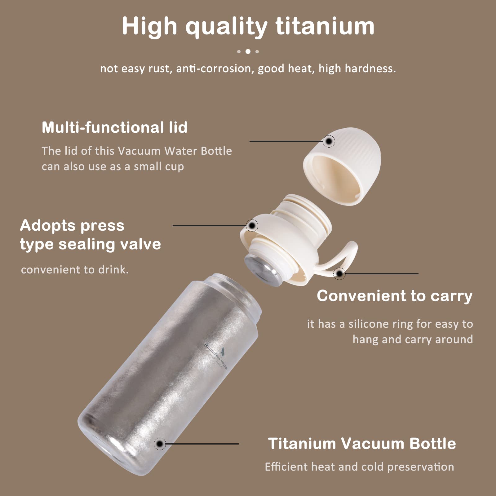 Boundless Voyage Bouteille isotherme en titane - Anti-fuite - Pour le sport, l'école, le fitness, l'extérieur, le camping - Ti3015D