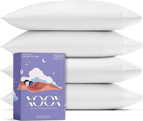 XOOX Linen Juego de 2 fundas de almohada 100% de algodón egipcio, tamaño estándar/Queen, lujosas fundas de almohada de 1500 hilos color blanco