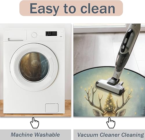 Miniatura 5 de Alfombra redonda de árbol de Navidad con diseño de reno de 3 pies, lavable a máquina, para comedor, mesa, dormitorio, sala de juegos, alfombra para