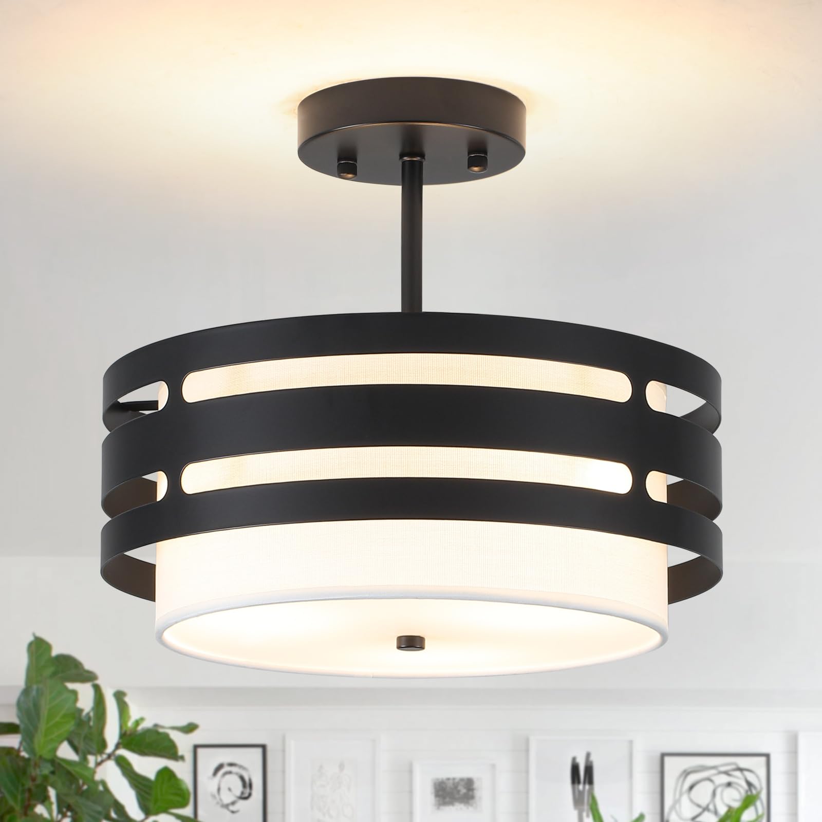 Schwarz Deckenlampe Wohnzimmer, Schwarz Deckenlampen mit Stoffschirm, E27 Deckenleuchte, Ø 32CM Moderne Deckenlampe Kronleuchter für Küche, Flur, Schlafzimmer, Esszimmer