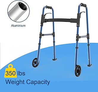 Loyoda Folding Medical Walker 5'' Front Wheel Lightweight Walker with Storage Bag and Skis Glides Height Adjustable Aluminum Compact Standard Walker for Seniors Handicap （Blue）