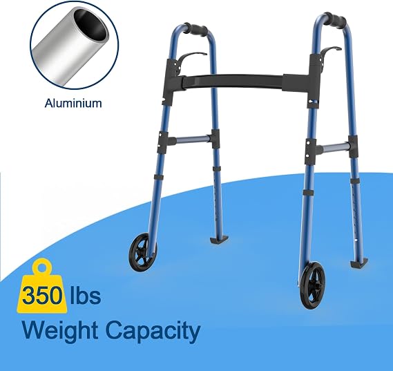 Loyoda Folding Walkers for Seniors, Medical Walker 5'' Front Wheel Lightweight Walker with Storage Bag and Skis Glides Height Adjustable Aluminum Compact Standard Walker (Blue)