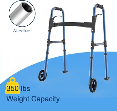Loyoda Folding Walkers for Seniors, Medical Walker 5'' Front Wheel Lightweight Walker with Storage Bag and Skis Glides Height Adjustable Aluminum Compact Standard Walker (Blue)