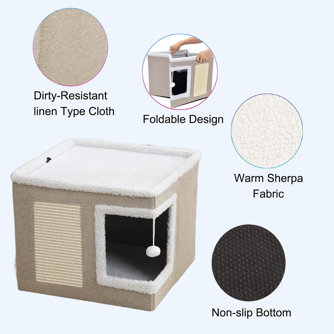 ERNAN Cat Beds,Cat Bed for Indoor Cats Foldable Cat House,Large Soft Cave Bed with Scratching Board for Small Medium Pets (biege, S) - Image 3