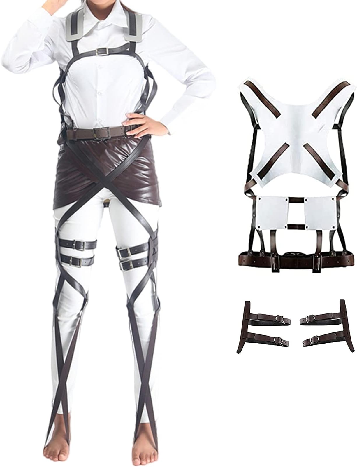 Aot Cosplay Harness Belt Shingeki no Kyojin Recon Corps Belt Strap Set Anime PU Leather Adjustable Hookshot Costume Outfit Suit Brown