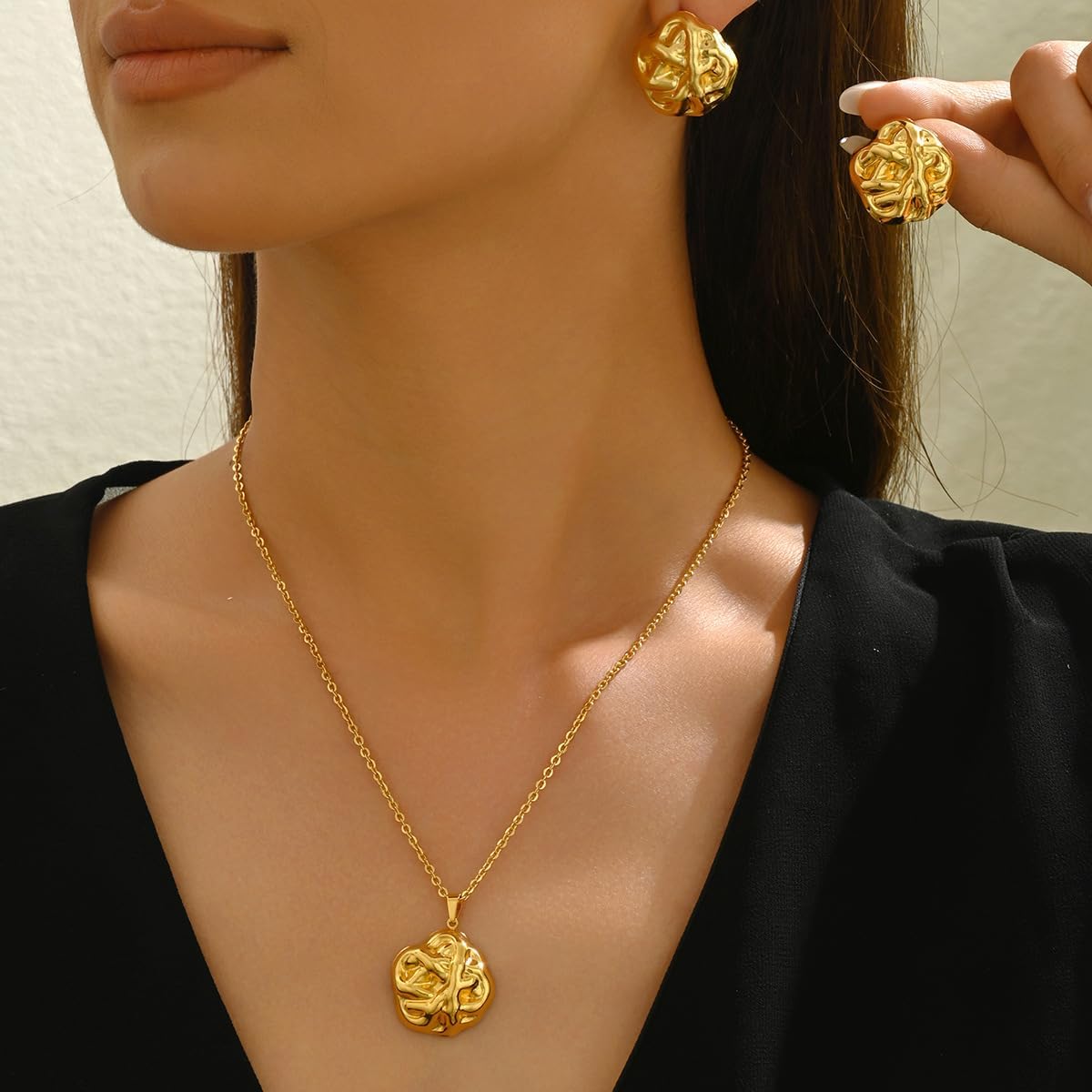 Dainty Gold pendant Necklace & Earrings Set for Women Elegant Smooth Surface Pendant Jewelry Set Minimalist Everyday Jewelry Gift - Image 3