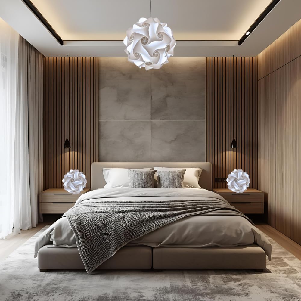 Lampadesign ® Set Lampadario e 2 lampade da comodino Camera da letto moderna Lampada a sospensione Sfera 35 cm e coppia abat jour stanza cameretta Lampadine Led luce fredda 17W e27 Filo bianco