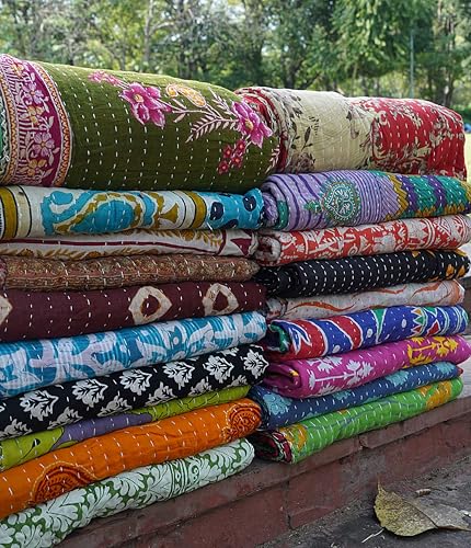 20 Piece Set Handmade Indian Vintage Kantha Quilts Reversible Bohemian Home Decor Blanket – Assorted Color Twin Size 85X55 Inches