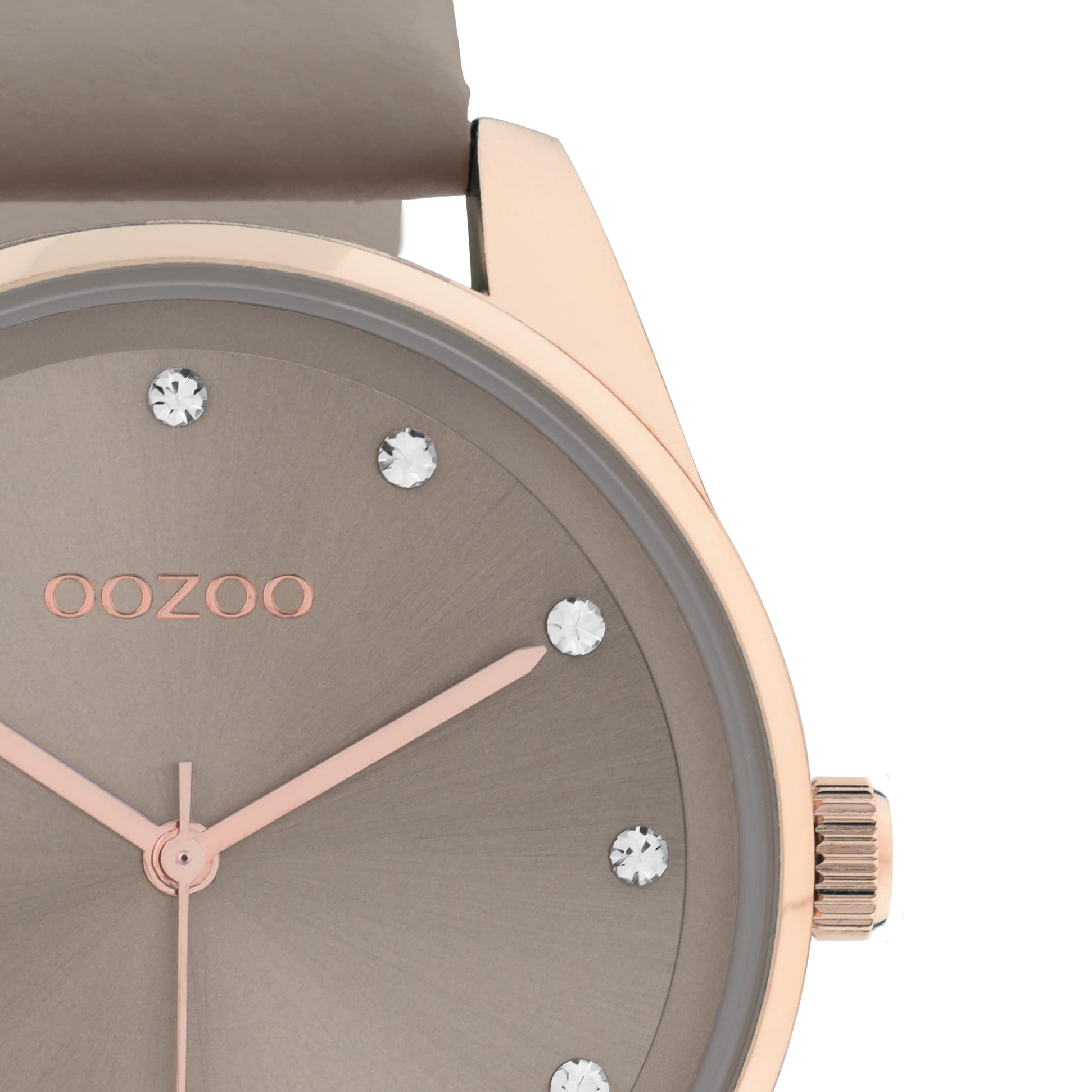 Reloj de mujer grande Oozoo con correa de cuero y esfera con 12 circonitas cúbicas de 42 mm de diámetro en diferentes variaciones, Oro rosa/pardo, Correas