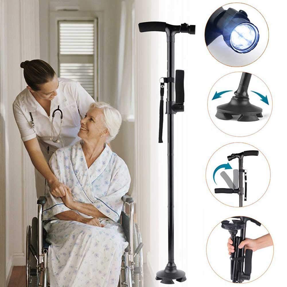 Bastón Plegable con luz LED, Cuatro pies Antideslizantes, Peso Ligero, fácil de almacenar con muletas de Mango ergonómico de Madera Interesting