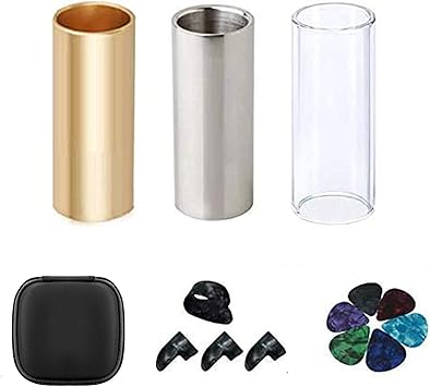 Guitar Slide, Set of 1 Glass Slide, 1 Steel Slide and 1 Brass Guitar Slide, Bonus 6 Pcs Guitar Picks, and 4 Finger Picks