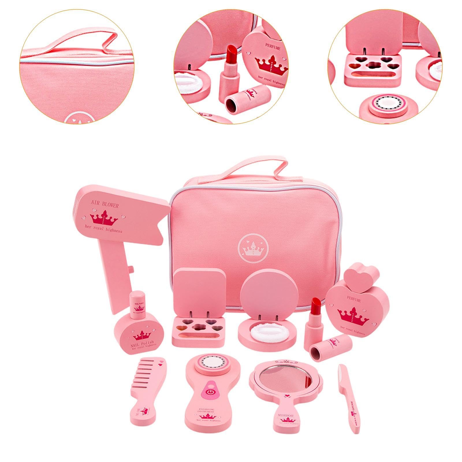 Set di Giocattoli per il Trucco Bambini, 10 Strumenti Cosmetici in Borsa Portatile, Tessuto di Legno, Giochi di Ruolo