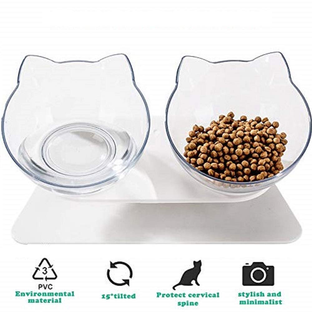 Anti-vomiting Orthopedic Pet Bowls With Raised Stand Pet Food Water Feeder Bowl,15°Tilted Anti-skid Anti-spill Pet Bowl Stress-Free Suit for Cats Small Dogs (Double Bowl)