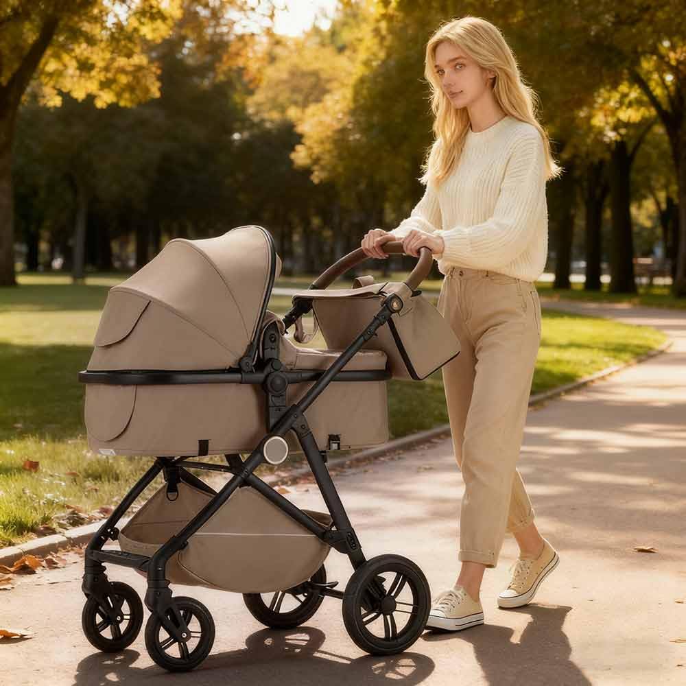 Baby Stroller 2-in-1, Reversible Seat High Landscape Pram for Newborn to Toddler, Foldable Infant Stroller, Adjustable Canopy, Includes Diaper Bag & Foot Cover, 0-36 Months(Brown, Black Tube)