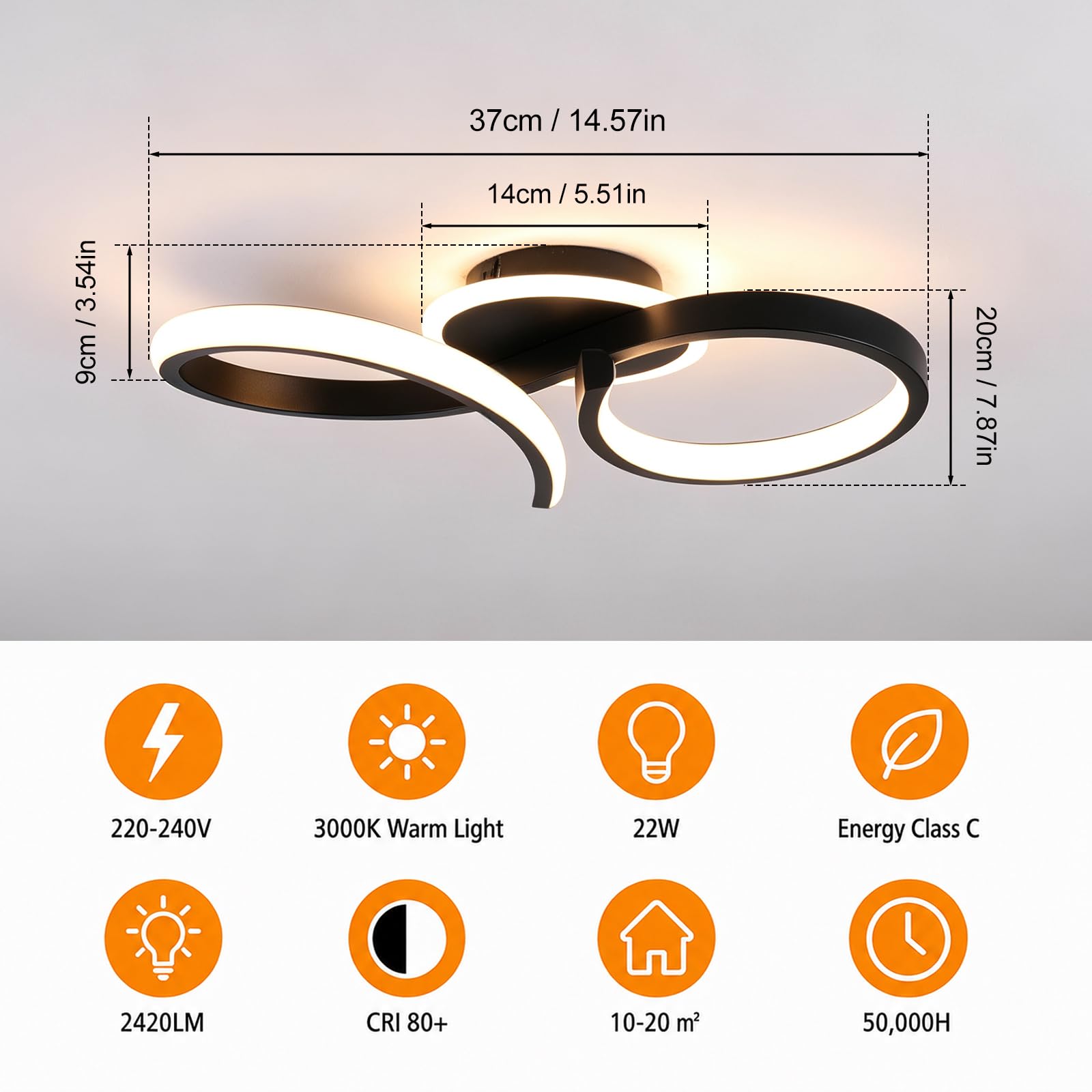 Plafonnier LED Moderne 3000K Noir Luminaire Plafond 4812897
