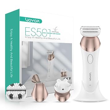 VOYOR Electric Razors for Women 4 in 1 Bikini Trimmer, Foil Shaver for Women 4 Replacement Heads for Body, Pubic Hair Trimmer, Cleansing, Massage 2 Adjustable Speeds Rechargeable Shaver ES501 Gold