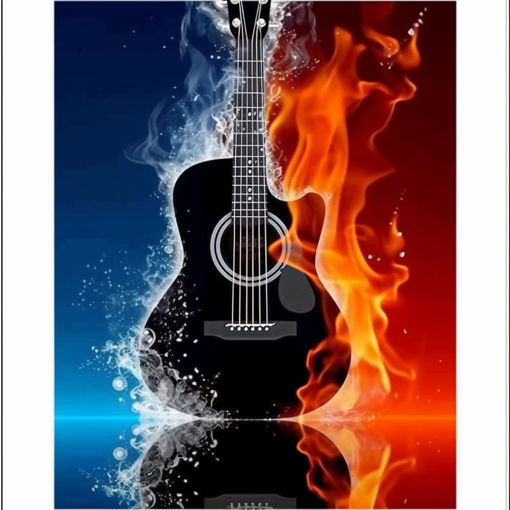 Kaliosy 5D Diamond Art Painting Guitar Ice Fire by Number Kits, Paint with Diamonds Art Musical Instrument DIY Full Drill, Crystal Craft Cross Stitch Embroidery Decoration 30x40cm?12x16inch?
