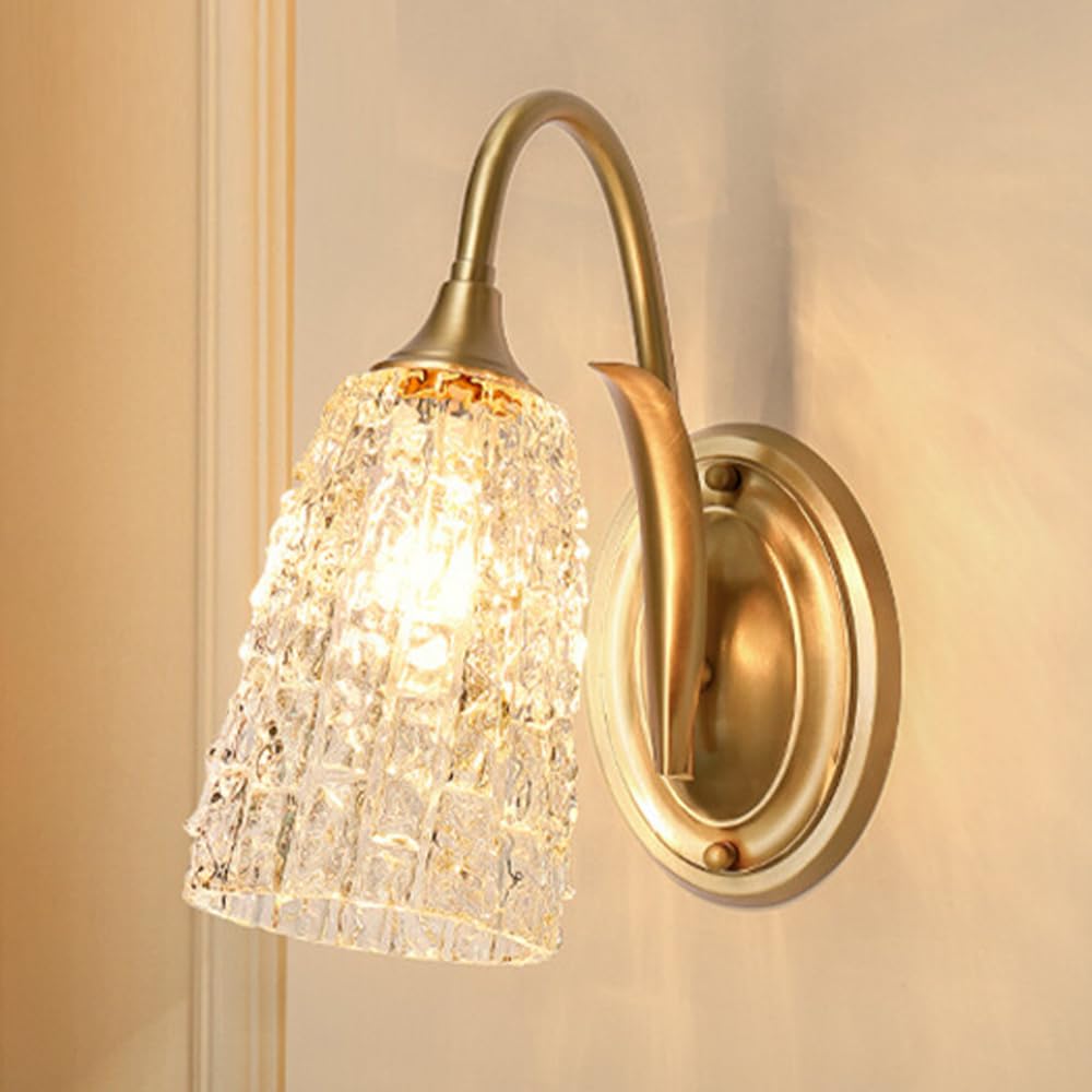 HYJAUSXB Brass Wall Lamp with Glass Sconce - Modern E14 Hardwired Mount Light for Bedroom, Living Room, Hallway, Restaurant