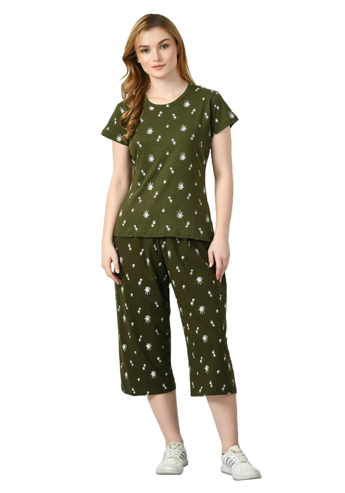 Cotton Allover Printed Night Suit Tshirt and Capri Set for Women (Pack of 1)